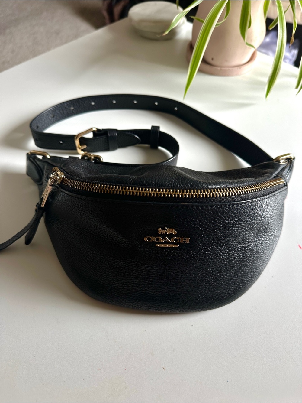 COACH Black Leather Belt Bag with Gold Hardware